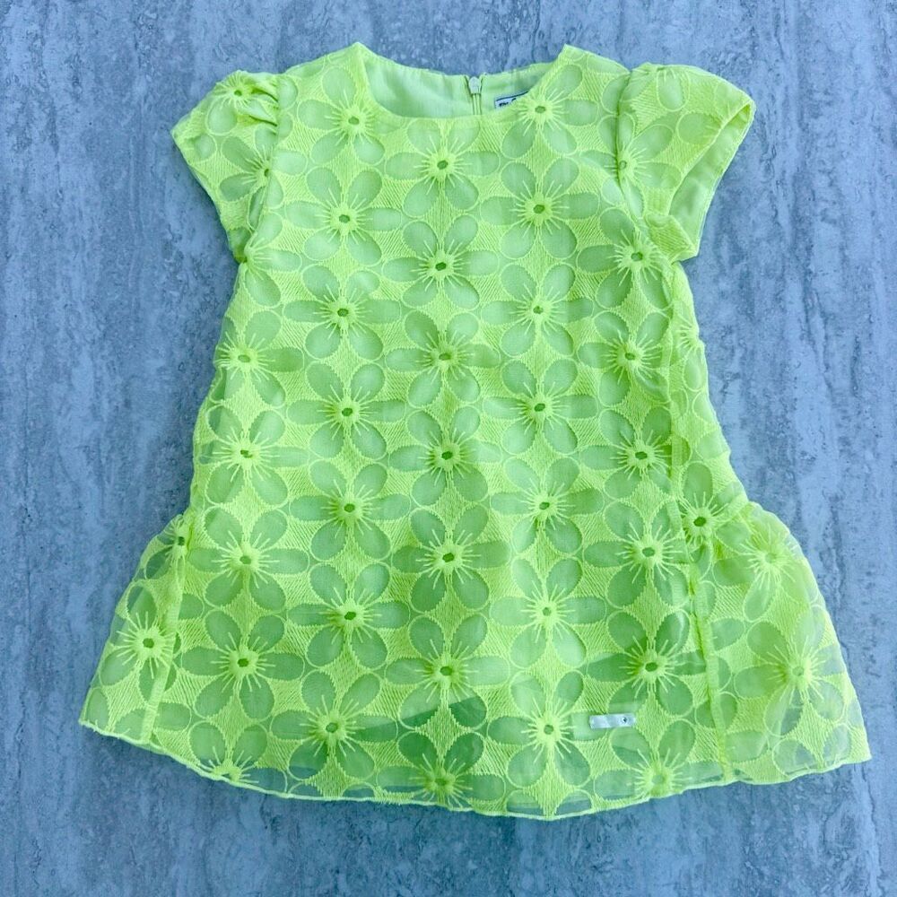 Mayoral Neon Lime Green Floral Eyelet Toddler Girls Ruffle Dress 24 Months